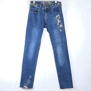 Desigual Exotic Jeans Women's Sz 29 Dark Wash Slim Fit Flower Embroidered